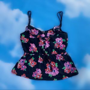 BNWT AERO Black Floral Ruffle Trim Tank Top